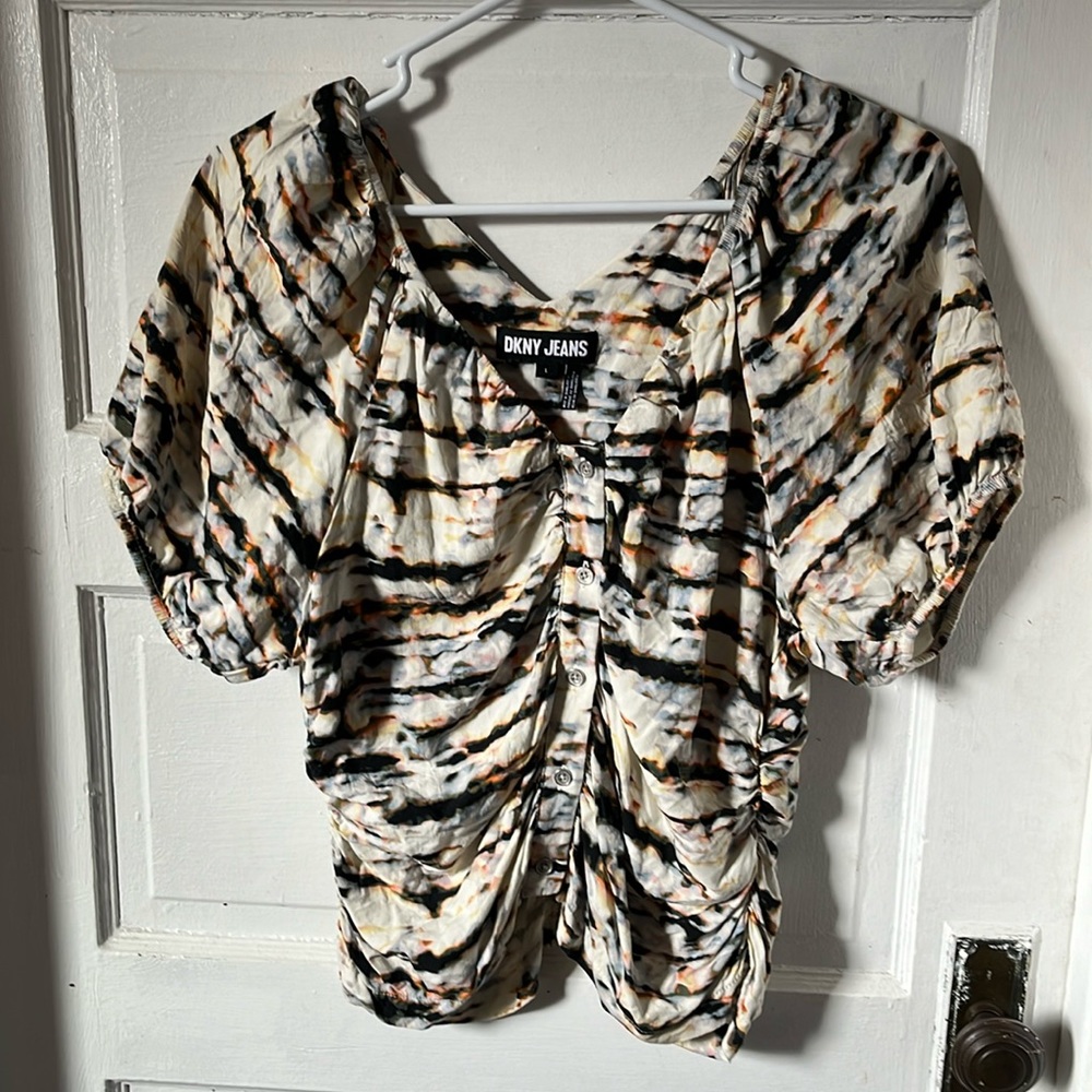 DKNY Jeans Womens Large Waterfall Printed Ruched Top Blouse Cream Blue Orange.